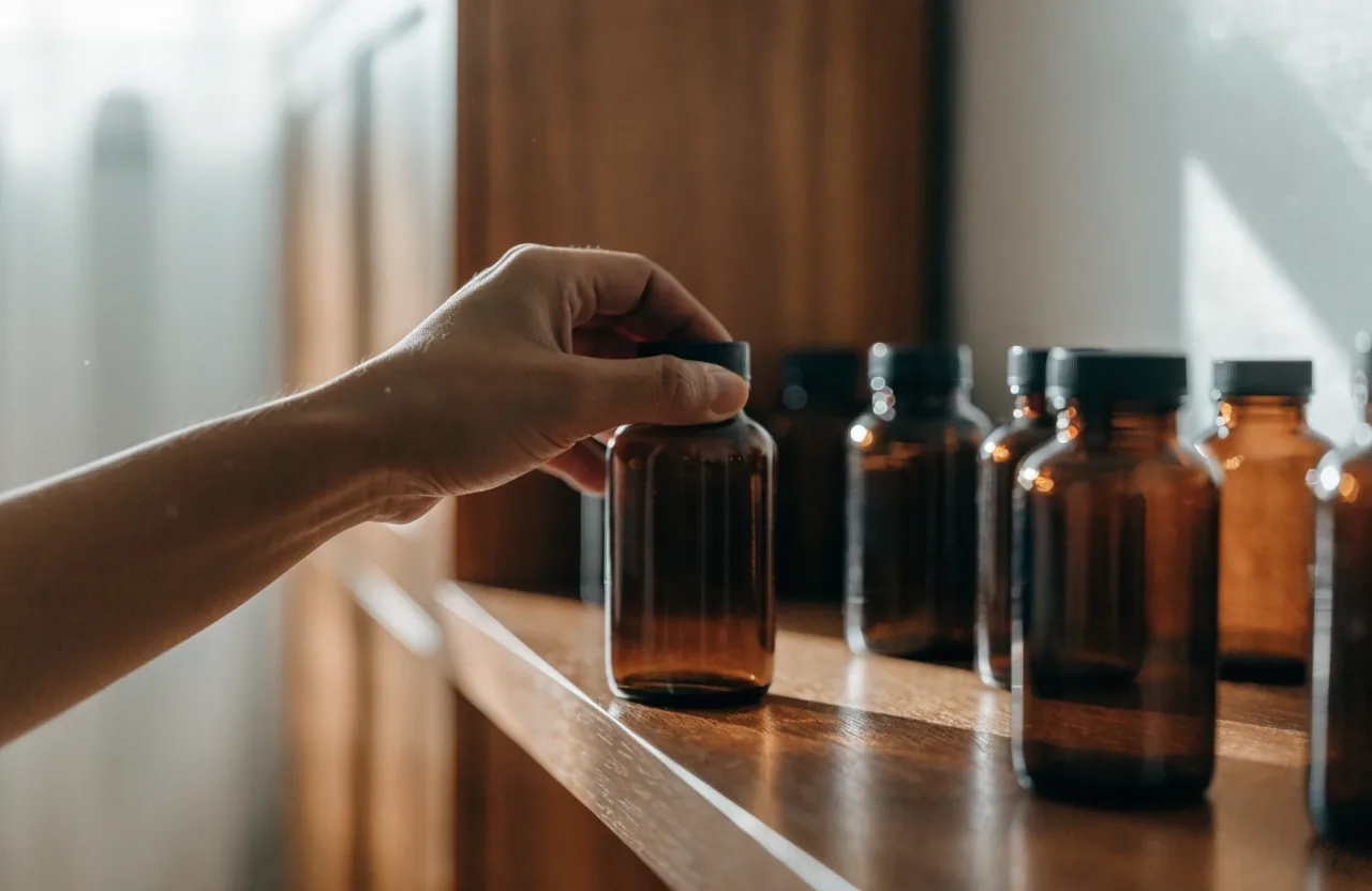 Soft-focus edge of a supplement shelf in raking daylight without readable labels