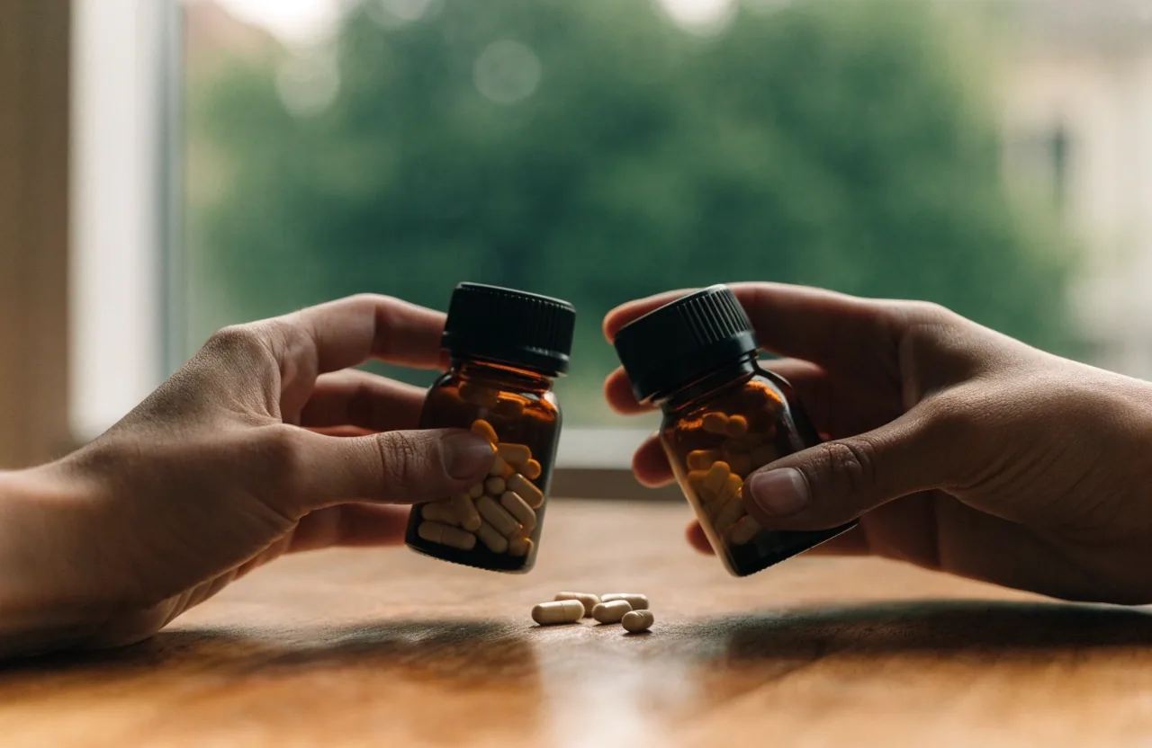 A single unmarked capsule held between thumb and forefinger against a plain wall