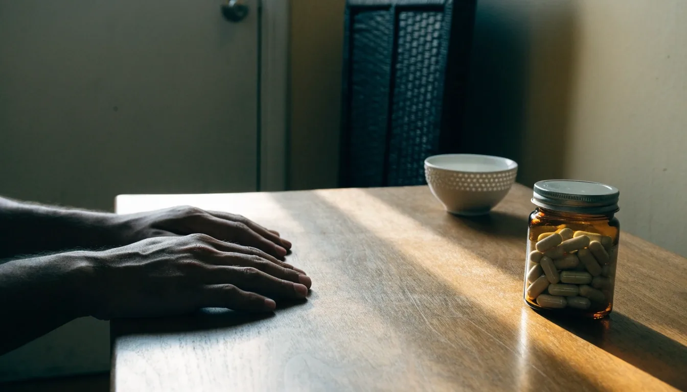A plain counter edge with an open blank notebook and pen in morning light