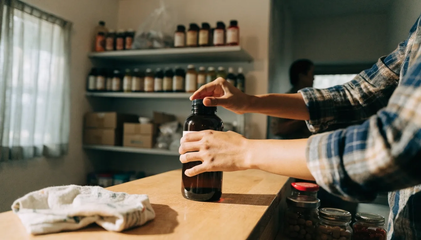 Hands lifting an unlabelled supplement bottle from a shop counter in morning light