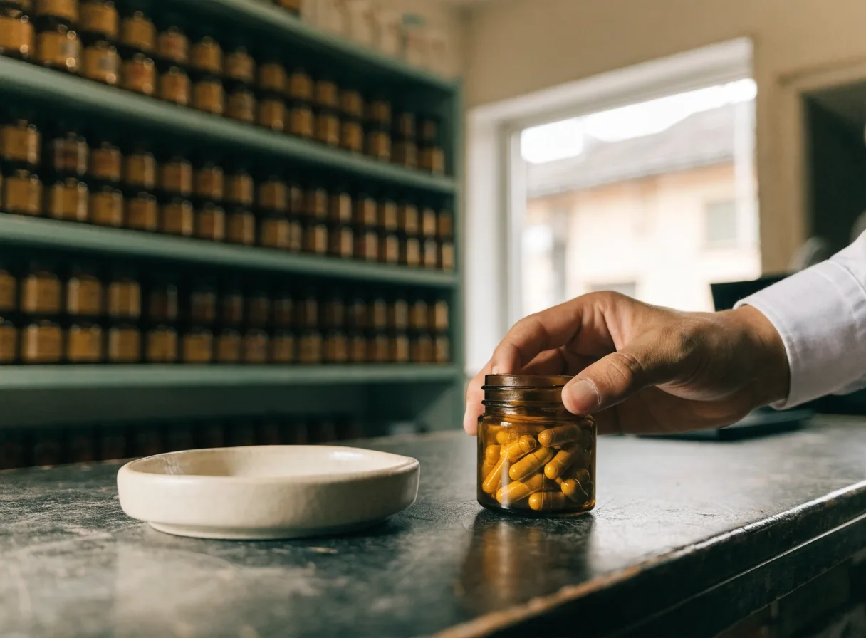 Plain supplement counter in a Yogyakarta shop in morning daylight with an unlabelled amber jar