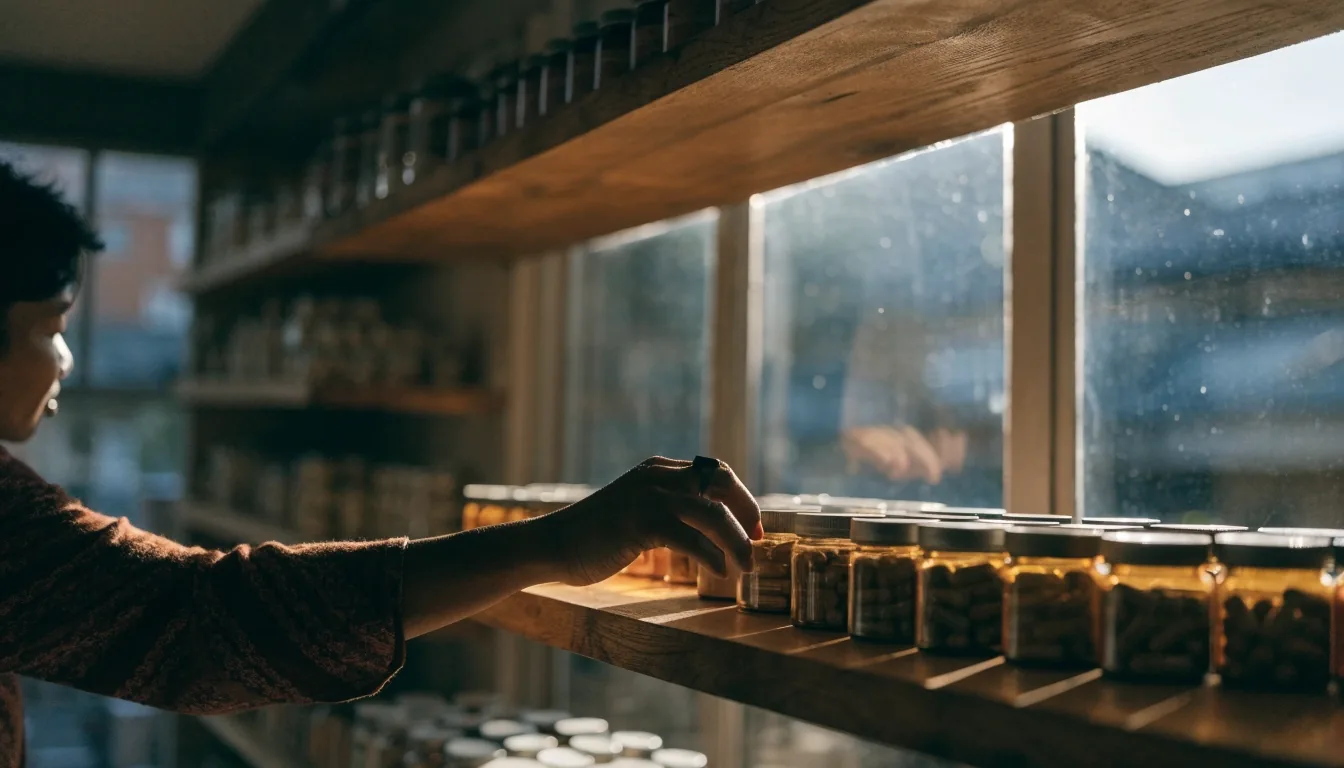 A hand lifting a plain amber supplement bottle from a wooden shop shelf in a Yogyakarta pharmacy under overcast daylight