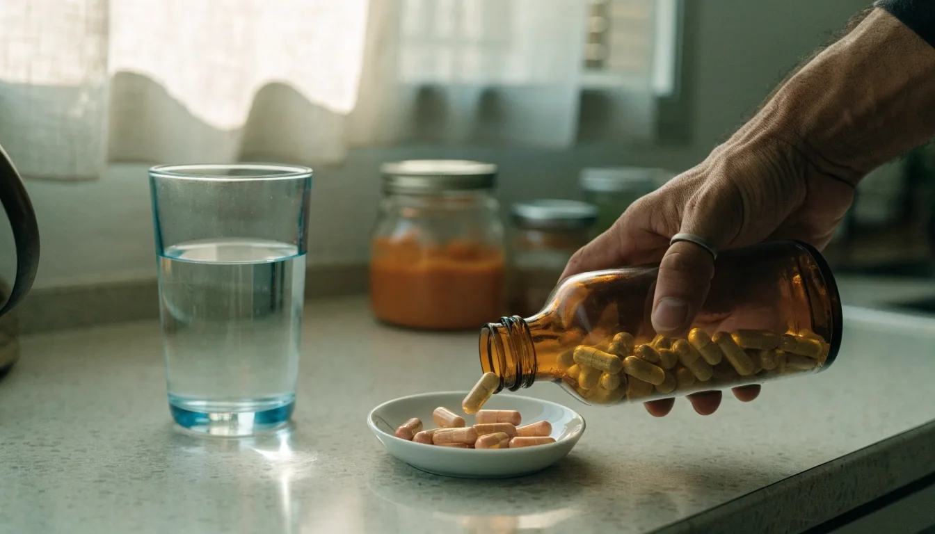 A dawn-lit bathroom shelf with a glass of water and an unlabelled bottle of capsules beside a folded towel