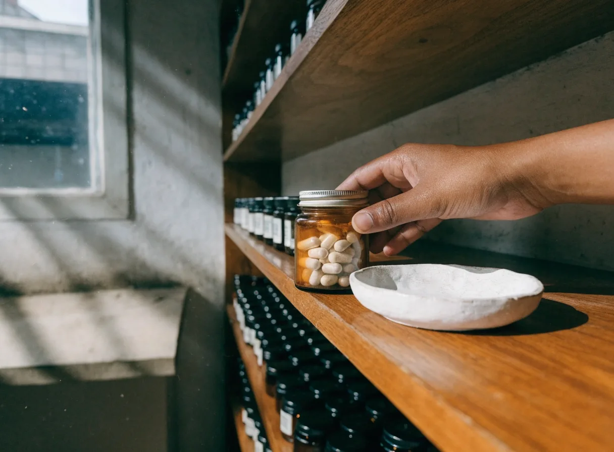 A plain counter in a Yogyakarta shop with an open notebook, a pen, a glass of water and an unlabelled amber jar