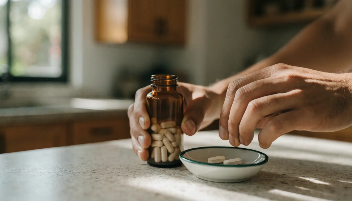 A dried botanical root and two unbranded capsules scattered on a plain stone kitchen surface in morning light