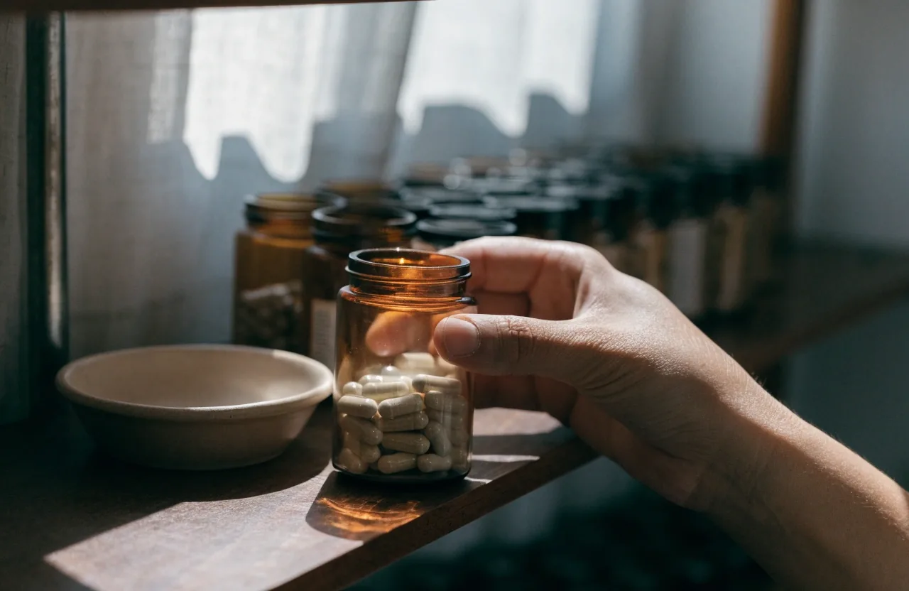 A single supplement capsule held between thumb and forefinger against a plain wall in morning light