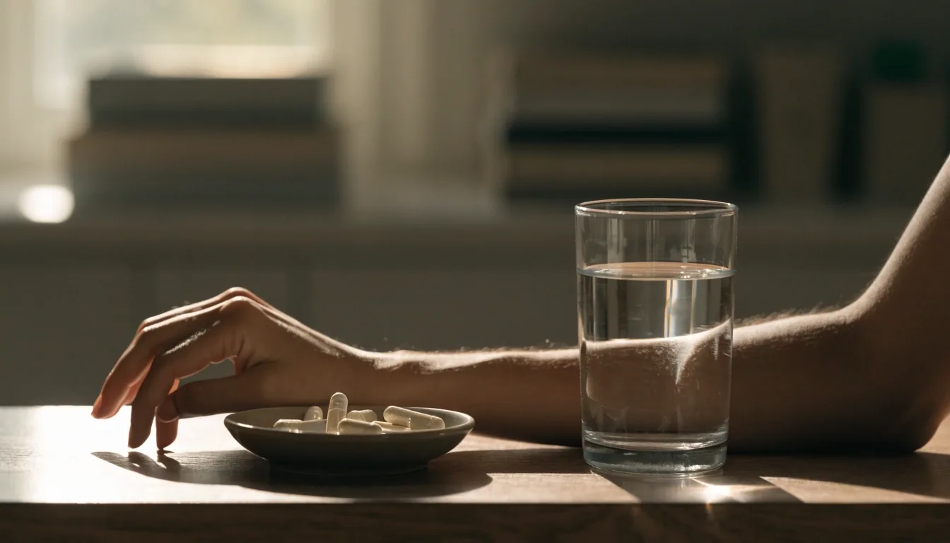 A hand at a plain counter beside an open weekly organiser and a glass of water in morning light