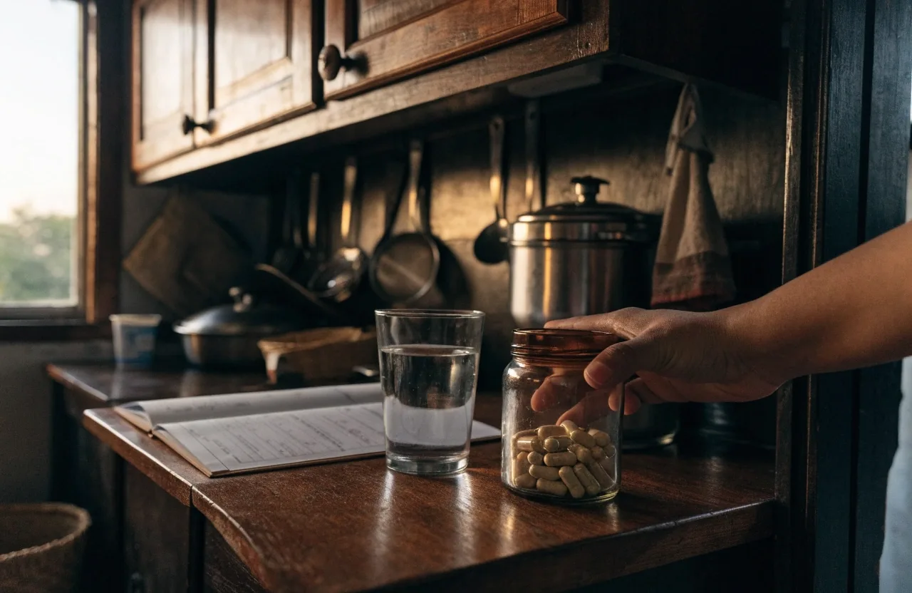 A hand beside an open weekly organizer and a glass of water in morning light