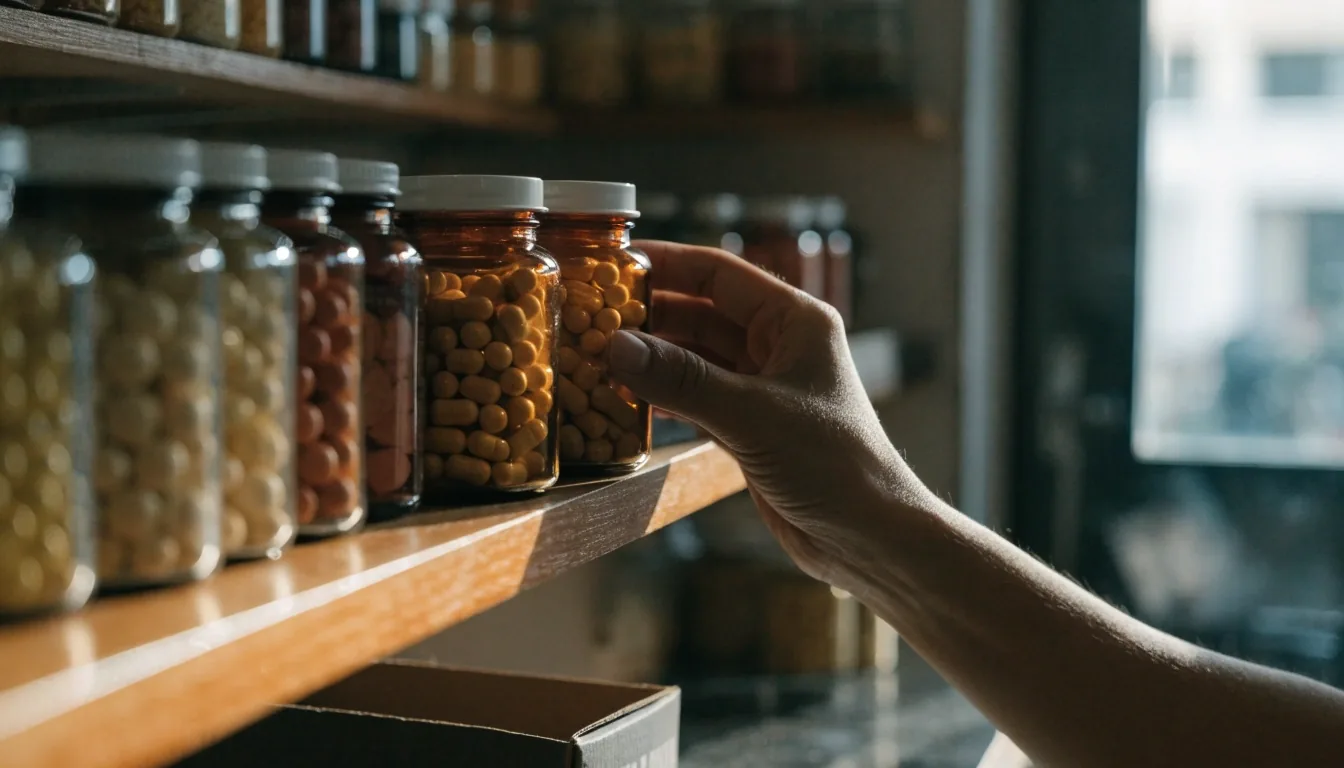 An unlabeled amber supplement jar on a plain shop counter in morning daylight